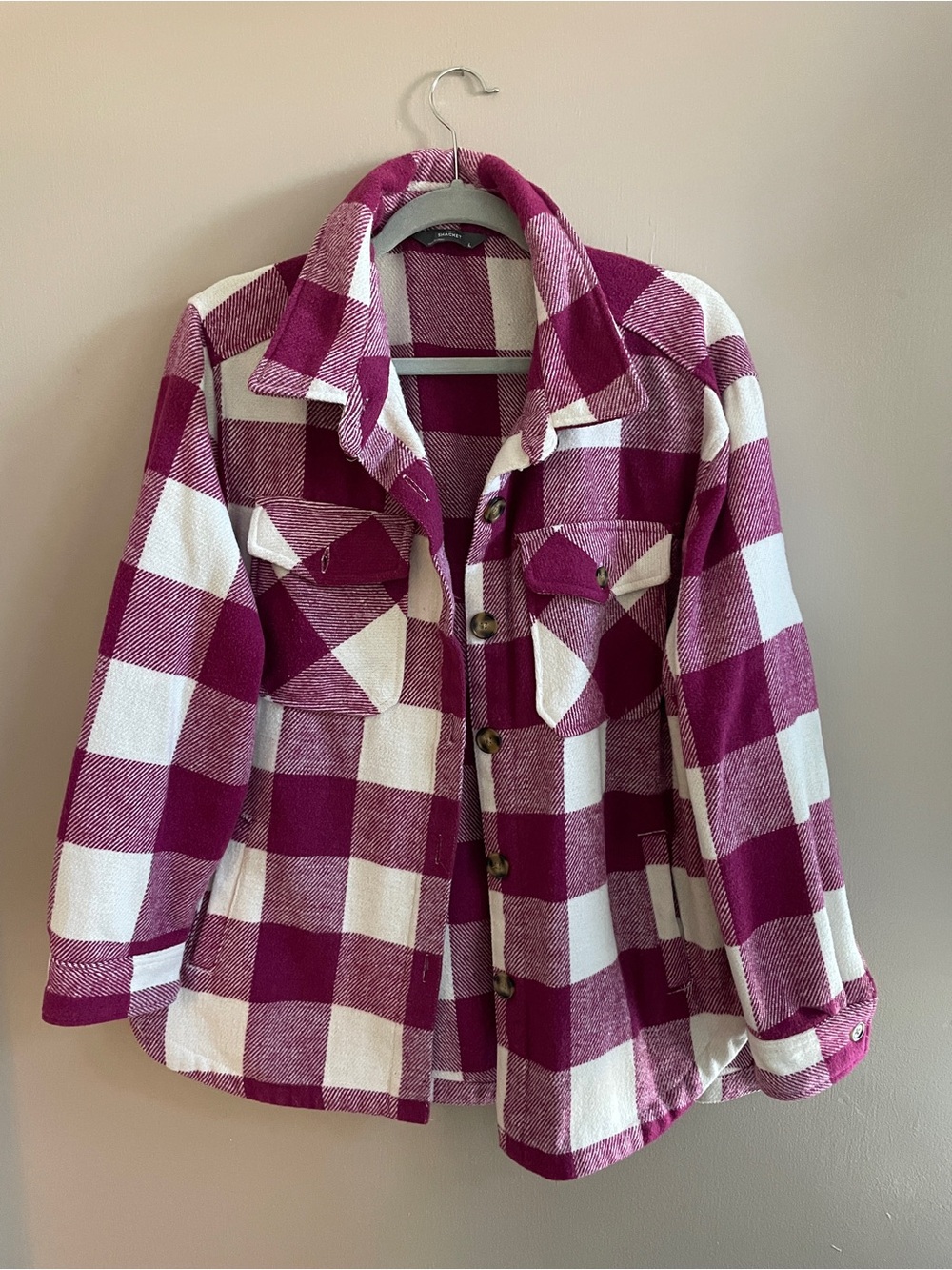 Fuchsia and White Plaid Button Front Shacket